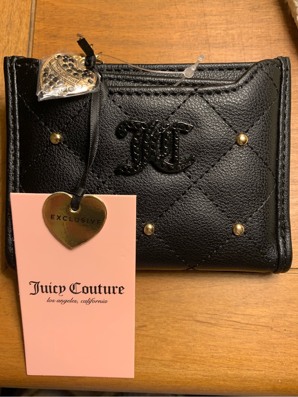 Juicy Couture Black Quilted Wallet with Gold Studs, Gold Heart Zipper Charm